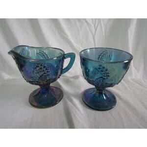 Vintage 1970s Indiana Glass Blue Iridescent Grape Harvest Creamer Sugar Set Retr